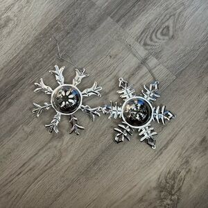 Set of 2 Silver Metal Snowflake Ornaments Jingle Bell Center Christmas 5”